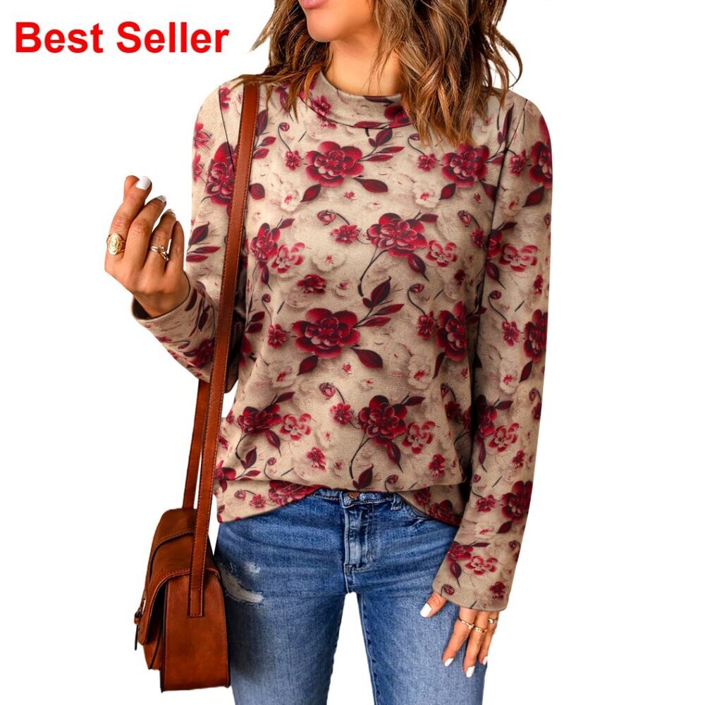 Long Sleeve Mock Neck Floral Thermal Sweater Top Stretchy Warm Winter Blouse